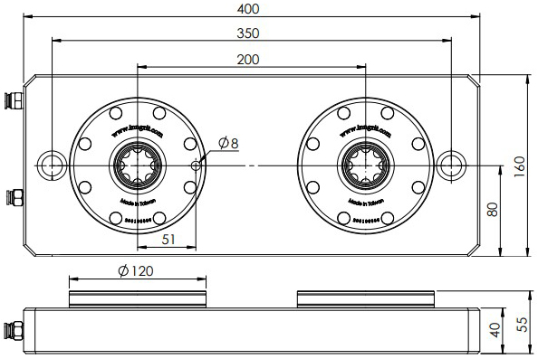 Basiseinheit mit zwei pneumatischen 120 mm Spanntöpfen und einer Indexierbohrung.