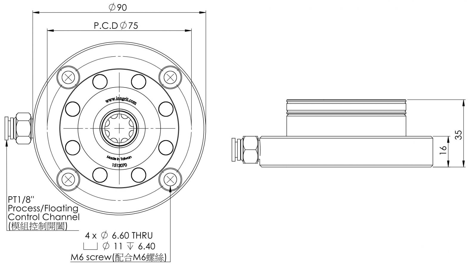 INNGRIT Spanntopf mit Flansch 62 mm, pneumatisch, ohne Indexierbohrung für präzise Spanntechnik und industrielle Anwendungen